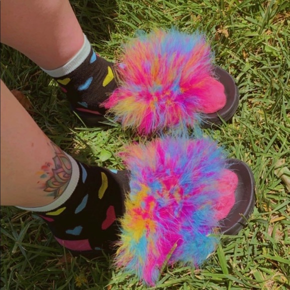 Rainbow Fur Slippers / Fuzzy Slides (Black) - Picture 5 of 10